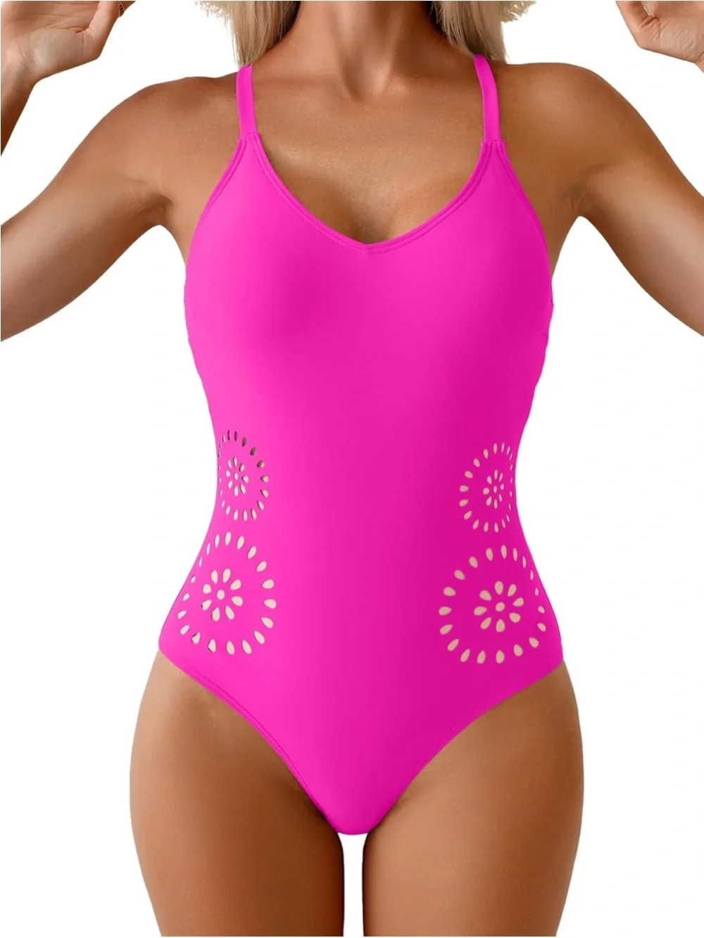 Vibrant Pink One-Piece Swim with Floral laser cutouts